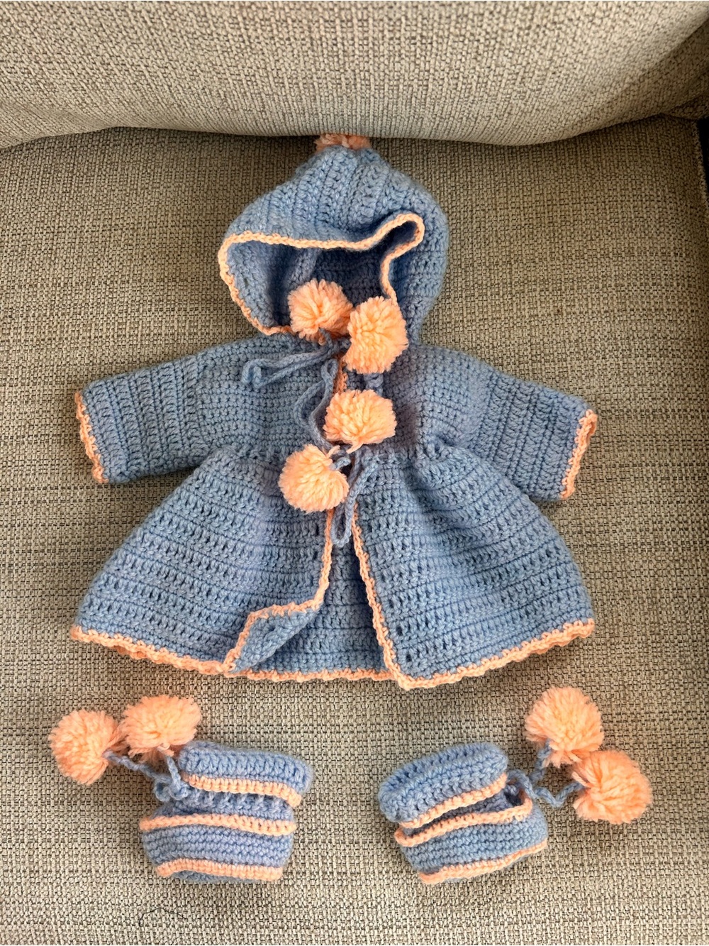 Vintage Handmade newborn Blue and Peach Crochet Hooded Coat with baby booties